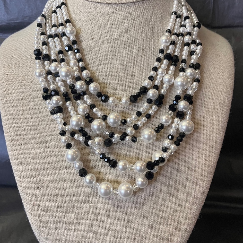 Layered Black and White Faux Pearl Bead Necklace - Women Jewelry